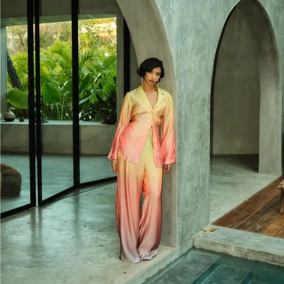 Andrea Iyamah Gradient Yellow and Pink Satin Set, Size S